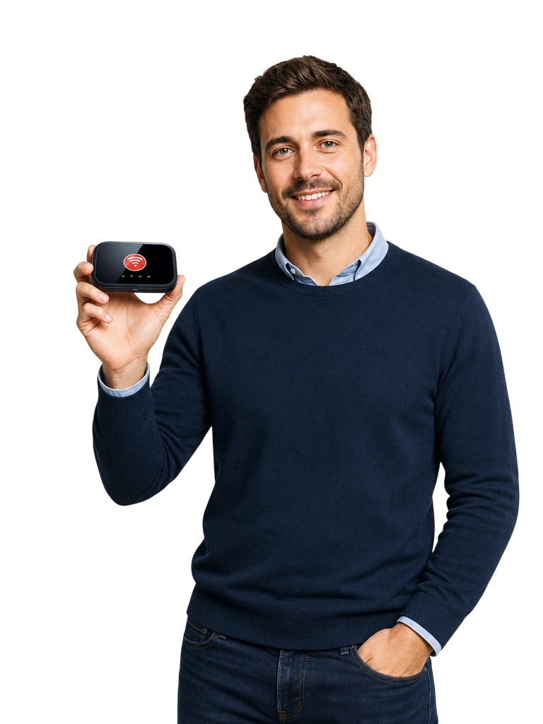 Man holding a portable broadband router