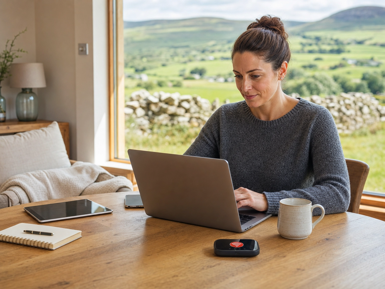 Professional working remotely from a modern UK holiday cottage with a portable broadband router on the table